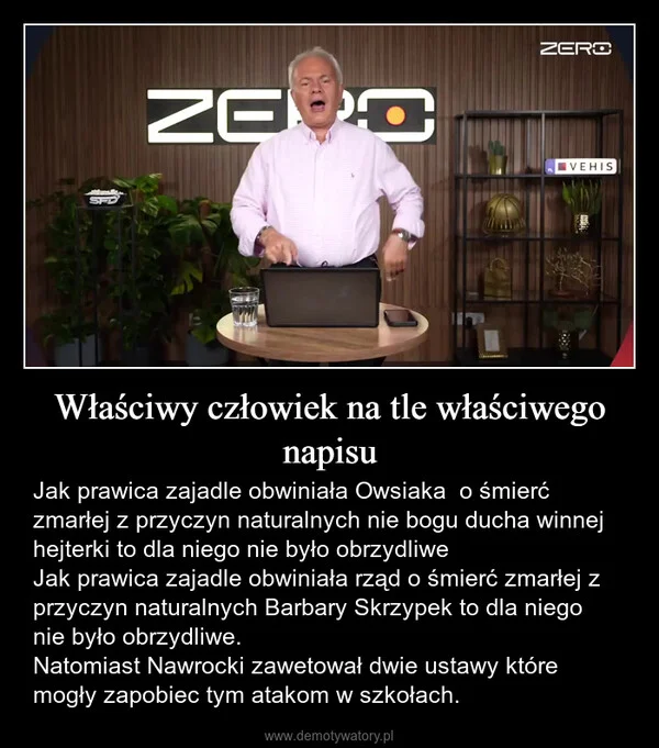 
    Właściwy człowiek na tle właściwego napisu