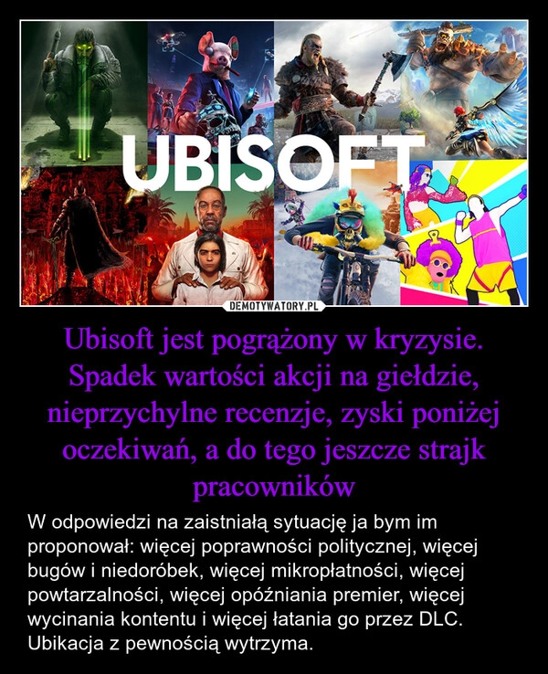 
    Ubisoft jest pogrążony w kryzysie. Spadek wartości akcji na giełdzie, nieprzychylne recenzje, zyski poniżej oczekiwań, a do tego jeszcze strajk pracowników