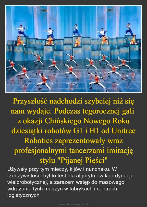 
    Przyszłość nadchodzi szybciej niż się nam wydaje. Podczas tegorocznej gali z okazji Chińskiego Nowego Roku dziesiątki robotów G1 i H1 od Unitree Robotics zaprezentowały wraz profesjonalnymi tancerzami imitację stylu 