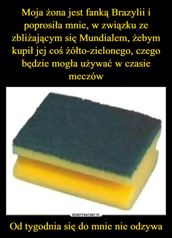 
    Moja żona jest fanką Brazylii i poprosiła mnie, w związku ze zbliżającym się Mundialem, żebym kupił jej coś żółto-zielonego, czego będzie mogła używać w czasie meczów Od tygodnia się do mnie nie odzywa