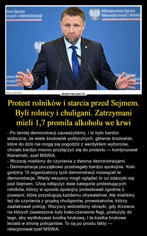 
    Protest rolników i starcia przed Sejmem. Byli rolnicy i chuligani. Zatrzymani mieli 1,7 promila alkoholu we krwi