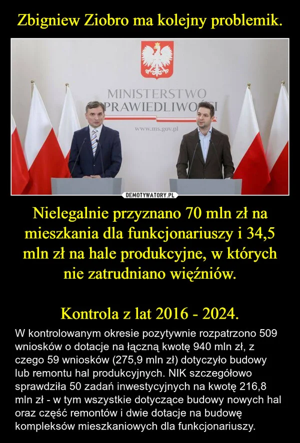 
    Zbigniew Ziobro ma kolejny problemik. Nielegalnie przyznano 70 mln zł na mieszkania dla funkcjonariuszy i 34,5 mln zł na hale produkcyjne, w których nie zatrudniano więźniów. Kontrola z lat 2016 - 2024.