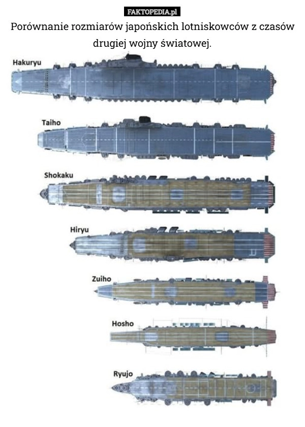 
    Porównanie rozmiarów japońskich lotniskowców z czasów drugiej wojny światowej.