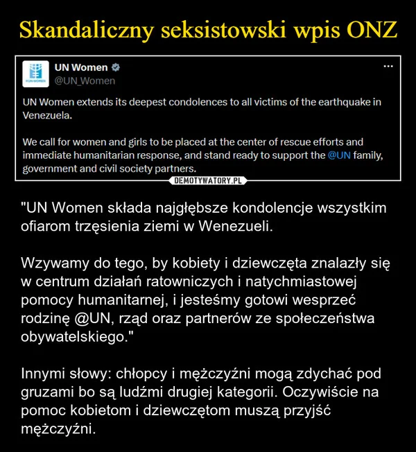 
    Skandaliczny seksistowski wpis ONZ