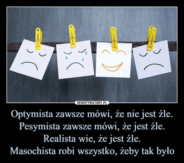 
    Optymista zawsze mówi, że nie jest źle. Pesymista zawsze mówi, że jest źle. Realista wie, że jest źle. Masochista robi wszystko, żeby tak było