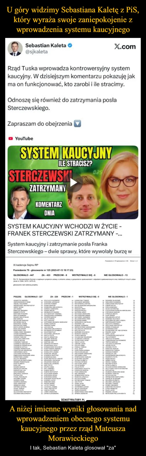 
    U góry widzimy Sebastiana Kaletę z PiS, który wyraża swoje zaniepokojenie z wprowadzenia systemu kaucyjnego A niżej imienne wyniki głosowania nad wprowadzeniem obecnego systemu kaucyjnego przez rząd Mateusza Morawieckiego