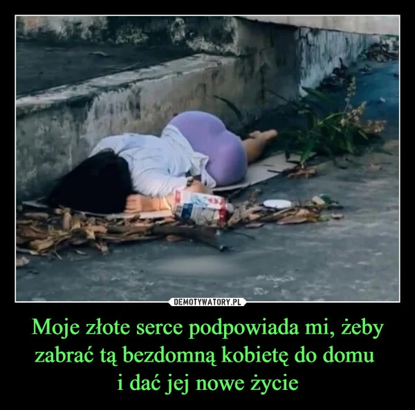 
    Moje złote serce podpowiada mi, żeby zabrać tą bezdomną kobietę do domu i dać jej nowe życie