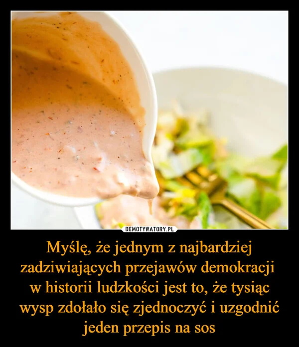 
    Myślę, że jednym z najbardziej zadziwiających przejawów demokracji w historii ludzkości jest to, że tysiąc wysp zdołało się zjednoczyć i uzgodnić jeden przepis na sos