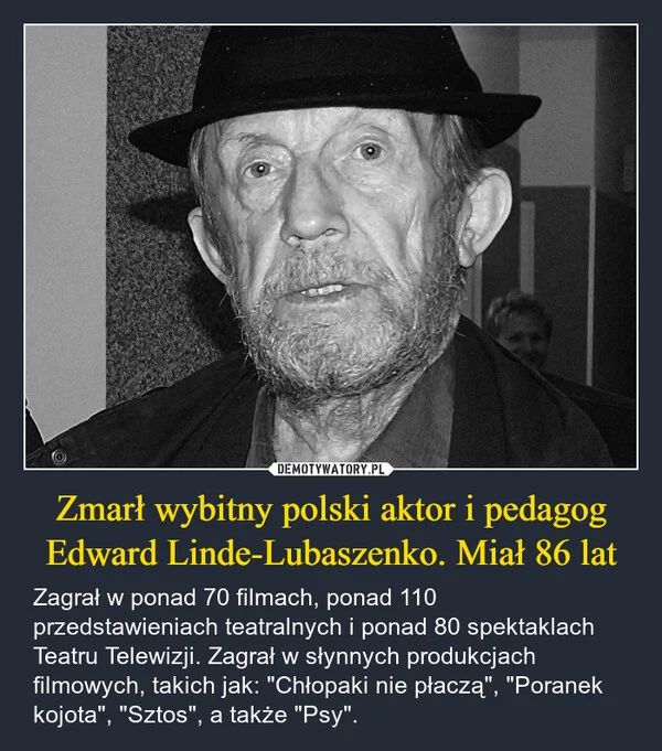 Zmarł wybitny polski aktor i pedagog Edward Linde-Lubaszenko. Miał 86 lat
