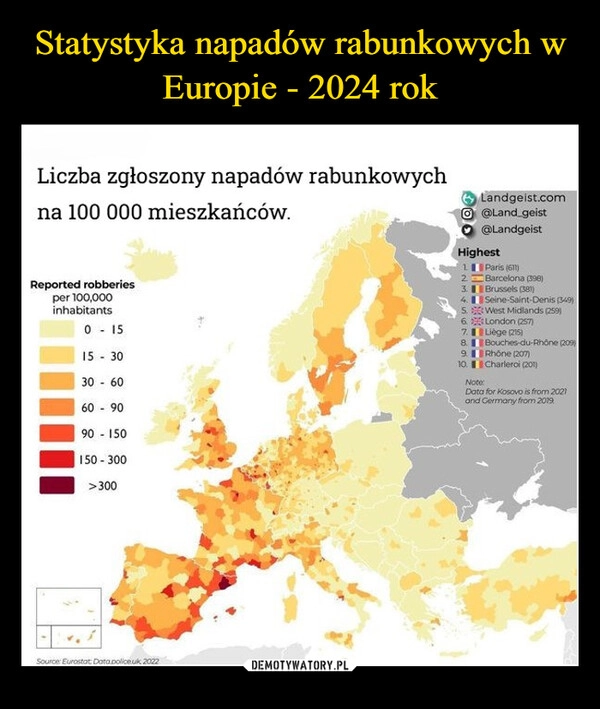 
    Statystyka napadów rabunkowych w Europie - 2024 rok