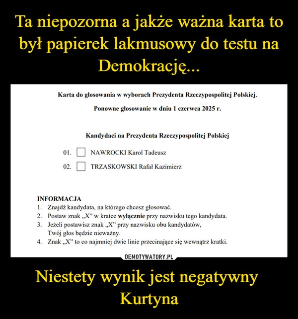 
    Ta niepozorna a jakże ważna karta to był papierek lakmusowy do testu na Demokrację... Niestety wynik jest negatywny 
Kurtyna
