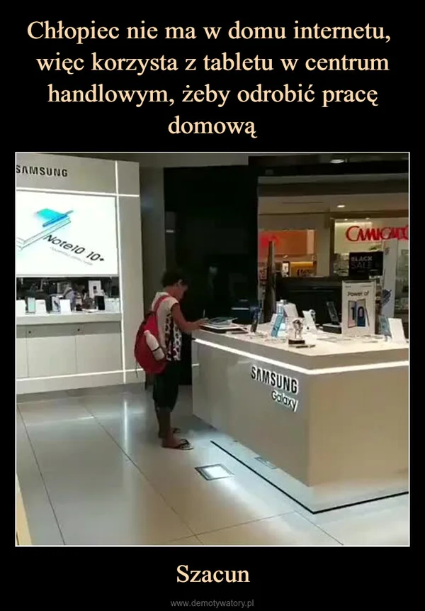 
    Chłopiec nie ma w domu internetu, więc korzysta z tabletu w centrum handlowym, żeby odrobić pracę domową Szacun