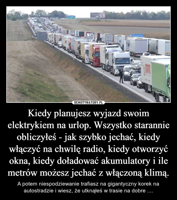 
    Kiedy planujesz wyjazd swoim elektrykiem na urlop. Wszystko starannie obliczyłeś - jak szybko jechać, kiedy włączyć na chwilę radio, kiedy otworzyć okna, kiedy doładować akumulatory i ile metrów możesz jechać z włączoną klimą.