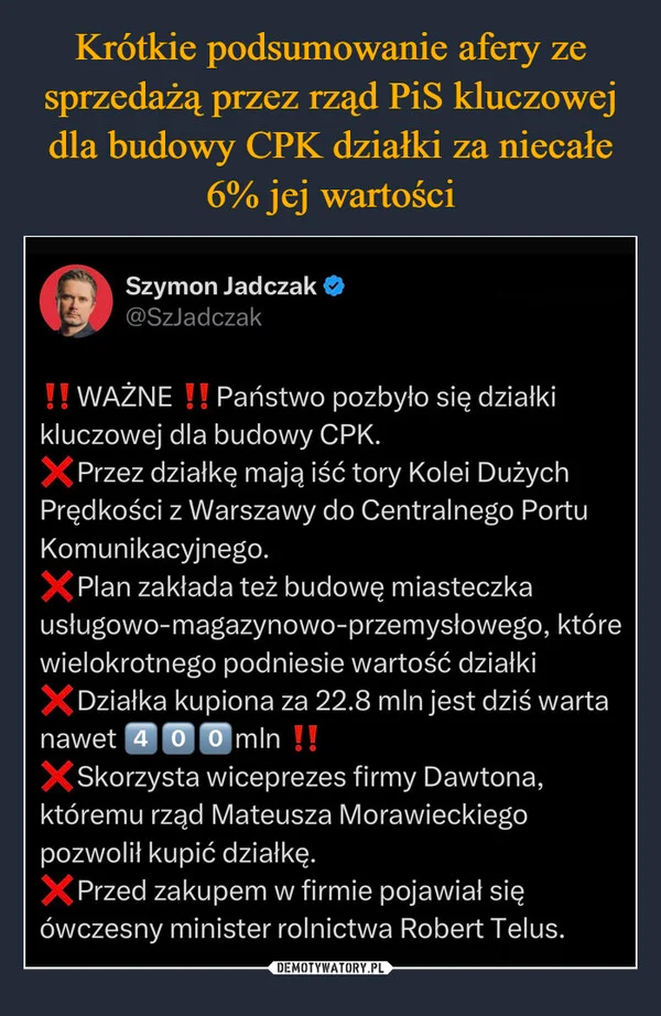 
    Krótkie podsumowanie afery ze sprzedażą przez rząd PiS kluczowej dla budowy CPK działki za niecałe 6% jej wartości