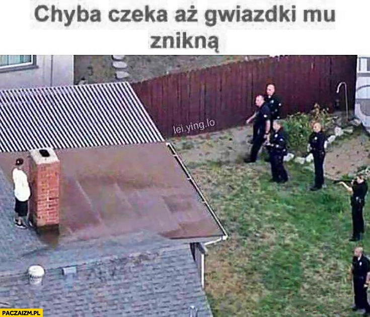 
    Chyba czeka aż gwiazdki mu znikną dzieciak na dachu za kominem policjanci GTA Grand Theft Auto