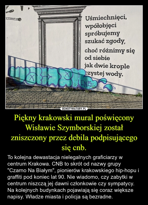 
    Piękny krakowski mural poświęcony Wisławie Szymborskiej został zniszczony przez debila podpisującego się cnb.