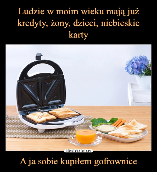 
    Ludzie w moim wieku mają już kredyty, żony, dzieci, niebieskie karty A ja sobie kupiłem gofrownice