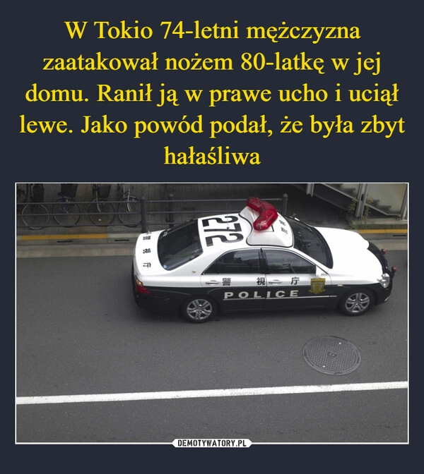 
    W Tokio 74-letni mężczyzna zaatakował nożem 80-latkę w jej domu. Ranił ją w prawe ucho i uciął lewe. Jako powód podał, że była zbyt hałaśliwa