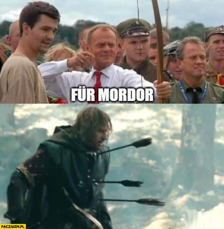 
    Donald Tusk fur Mordor strzela z łuku do Boromira Lord of the Rings władca pierścieni