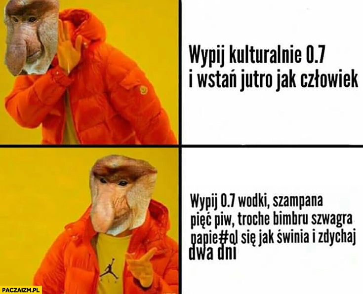 
    Wypij kulturalnie 0,7 vs wypij 0,7, szampana, pięć piw, trochę bimbru nawal się jak świnia i zdychaj dwa dni. Typowy Polak nosacz małpa