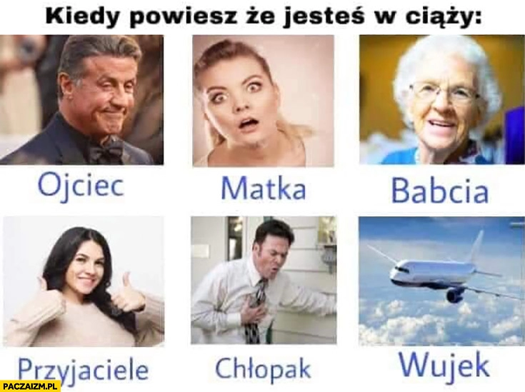 
    Kiedy powiesz, że jesteś w ciąży reakcja rodziny: ojciec, matka, babcia, przyjaciele, chłopak, wujek ucieka wylatuje z kraju