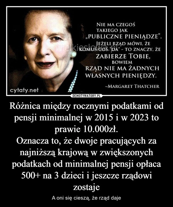 
    Różnica między rocznymi podatkami od pensji minimalnej w 2015 i w 2023 to prawie 10.000zł.
Oznacza to, że dwoje pracujących za najniższą krajową w zwiększonych podatkach od minimalnej pensji opłaca 500+ na 3 dzieci i jeszcze rządowi zostaje