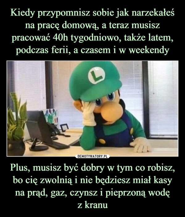 
    Kiedy przypomnisz sobie jak narzekałeś na pracę domową, a teraz musisz pracować 40h tygodniowo, także latem, podczas ferii, a czasem i w weekendy Plus, musisz być dobry w tym co robisz, bo cię zwolnią i nie będziesz miał kasy na prąd, gaz, czynsz i pieprzoną wodę
z kranu