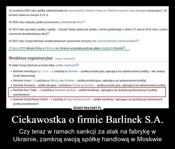 
    Ciekawostka o firmie Barlinek S.A.