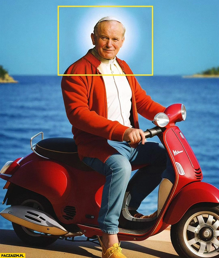 
    Papież Jan Paweł 2 na skuterze motorze Vespa AI sztuczna inteligencja dorobiła brakującą część obrazka