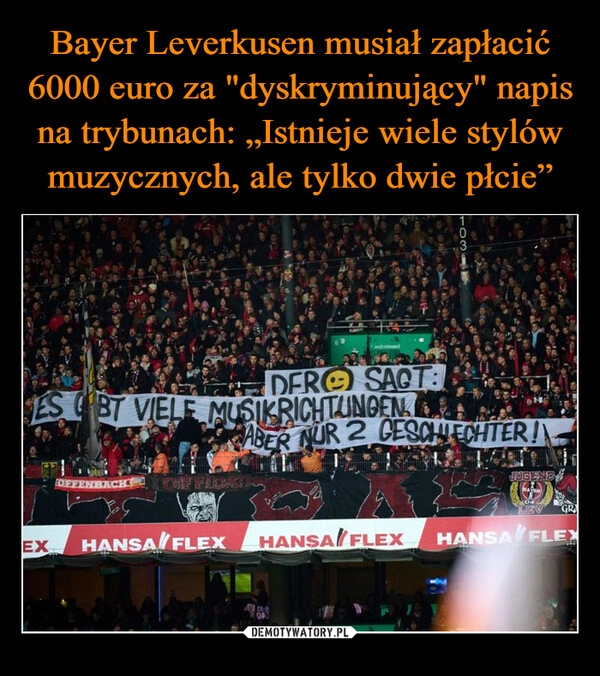 
    Bayer Leverkusen musiał zapłacić 6000 euro za "dyskryminujący" napis na trybunach: „Istnieje wiele stylów muzycznych, ale tylko dwie płcie”