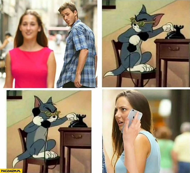 
    Facet ogląda się za inna konfident Tom i Jerry dzwoni powiedzieć komiks z mema