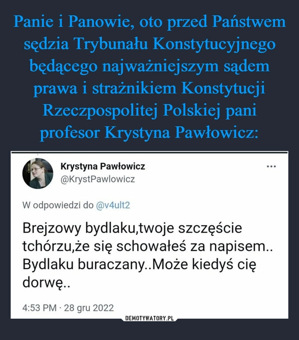 
    
Panie i Panowie, oto przed Państwem sędzia Trybunału Konstytucyjnego będącego najważniejszym sądem prawa i strażnikiem Konstytucji Rzeczpospolitej Polskiej pani profesor Krystyna Pawłowicz: 