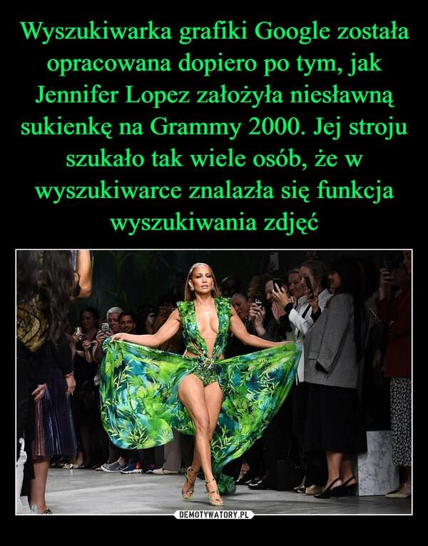 
    Wyszukiwarka grafiki Google została opracowana dopiero po tym, jak Jennifer Lopez założyła niesławną sukienkę na Grammy 2000. Jej stroju szukało tak wiele osób, że w wyszukiwarce znalazła się funkcja wyszukiwania zdjęć