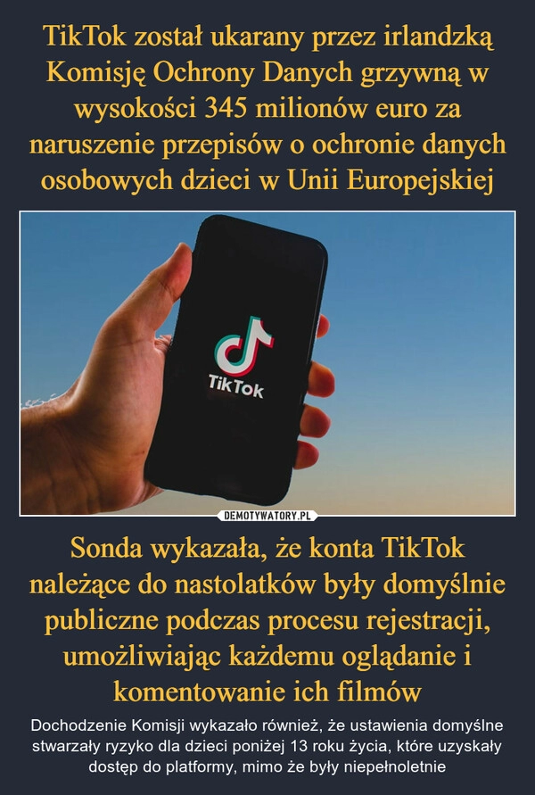 
    TikTok został ukarany przez irlandzką Komisję Ochrony Danych grzywną w wysokości 345 milionów euro za naruszenie przepisów o ochronie danych osobowych dzieci w Unii Europejskiej Sonda wykazała, że konta TikTok należące do nastolatków były domyślnie publiczne podczas procesu rejestracji, umożliwiając każdemu oglądanie i komentowanie ich filmów