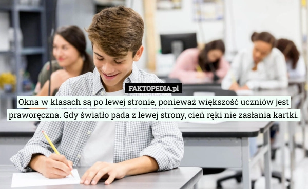 
    Okna w klasach są po lewej stronie, ponieważ większość uczniów jest praworęczna.