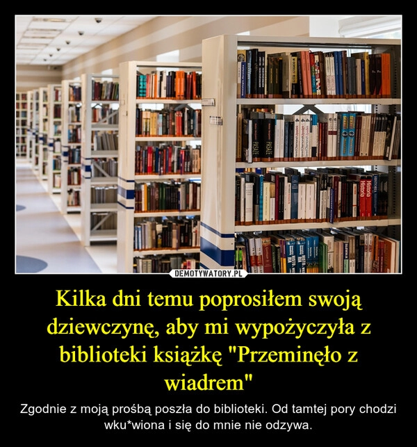 
    Kilka dni temu poprosiłem swoją dziewczynę, aby mi wypożyczyła z biblioteki książkę "Przeminęło z wiadrem"