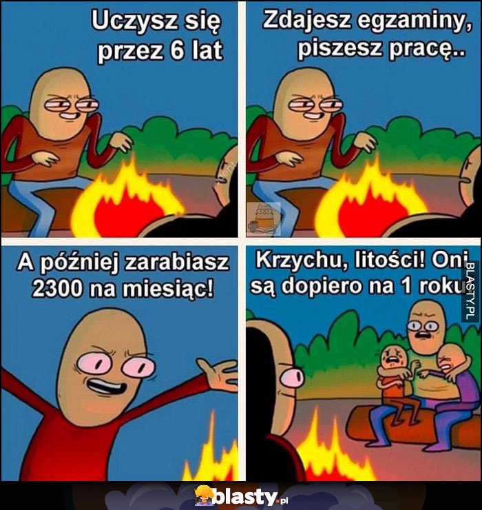 
    Uczysz się przez 6 lat, zdajesz egzaminy, piszesz pracę, a potem zarabiasz 2300 na miesiąc. Krzychu litości oni sa dopiero na 1 roku komiks