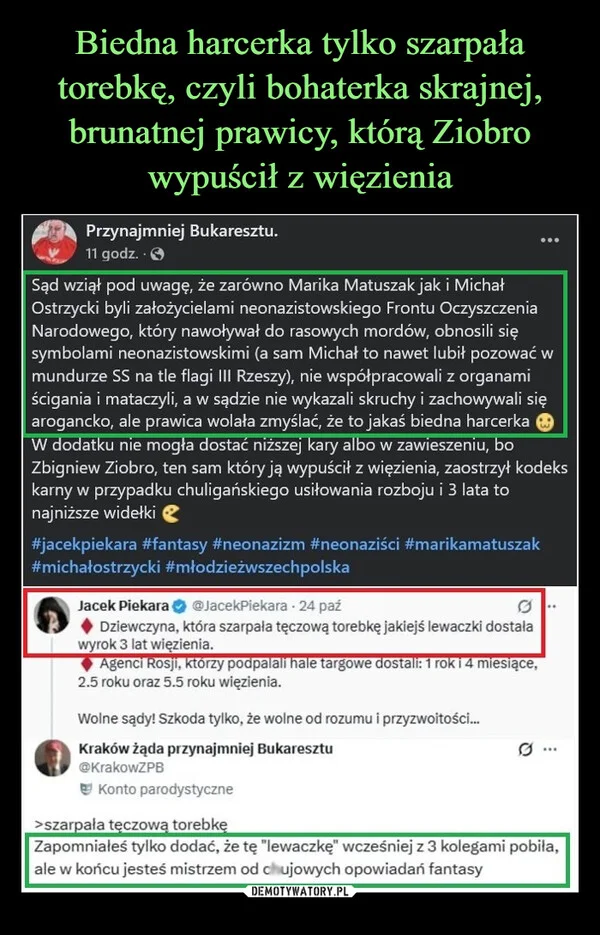 
    Biedna harcerka tylko szarpała torebkę, czyli bohaterka skrajnej, brunatnej prawicy, którą Ziobro wypuścił z więzienia