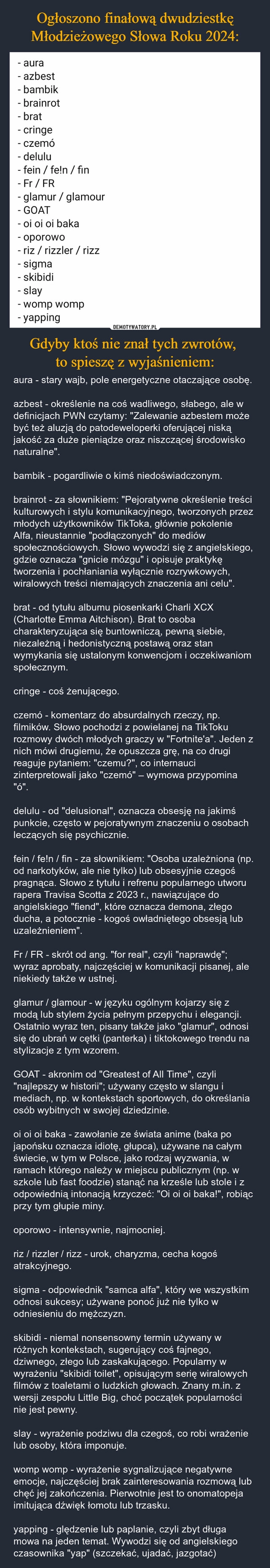 
    Ogłoszono finałową dwudziestkę Młodzieżowego Słowa Roku 2024: Gdyby ktoś nie znał tych zwrotów, 
to spieszę z wyjaśnieniem: