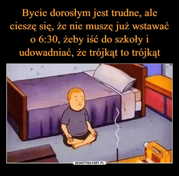 
    Bycie dorosłym jest trudne, ale cieszę się, że nie muszę już wstawać o 6:30, żeby iść do szkoły i udowadniać, że trójkąt to trójkąt