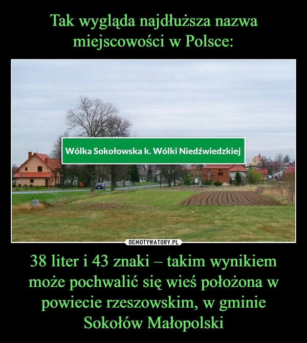 
    Tak wygląda najdłuższa nazwa miejscowości w Polsce: 38 liter i 43 znaki – takim wynikiem może pochwalić się wieś położona w powiecie rzeszowskim, w gminie Sokołów Małopolski