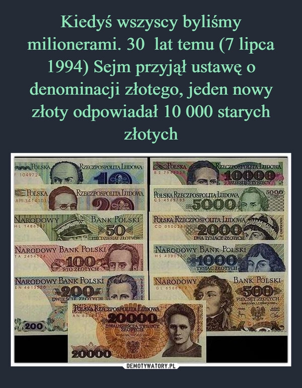 
    Kiedyś wszyscy byliśmy milionerami. 30  lat temu (7 lipca 1994) Sejm przyjął ustawę o denominacji złotego, jeden nowy złoty odpowiadał 10 000 starych złotych