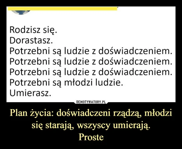 
    Plan życia: doświadczeni rządzą, młodzi się starają, wszyscy umierają. Proste