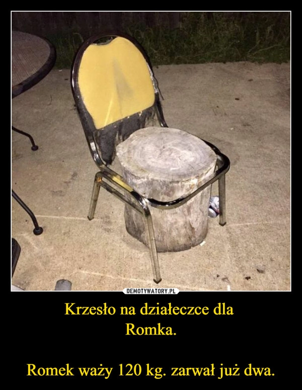 
    Krzesło na działeczce dla 
Romka.

Romek waży 120 kg. zarwał już dwa.