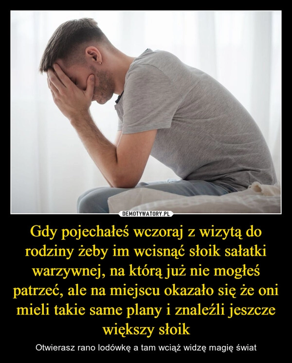 
    Gdy pojechałeś wczoraj z wizytą do rodziny żeby im wcisnąć słoik sałatki warzywnej, na którą już nie mogłeś patrzeć, ale na miejscu okazało się że oni mieli takie same plany i znaleźli jeszcze większy słoik