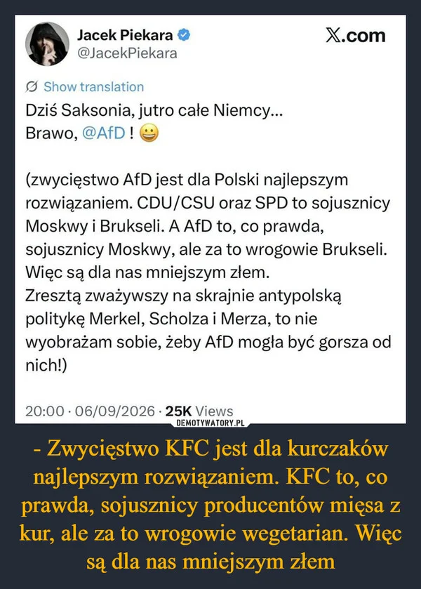 - Zwycięstwo KFC jest dla kurczaków najlepszym rozwiązaniem. KFC to, co prawda, sojusznicy producentów mięsa z kur, ale za to wrogowie wegetarian. Więc są dla nas mniejszym złem
