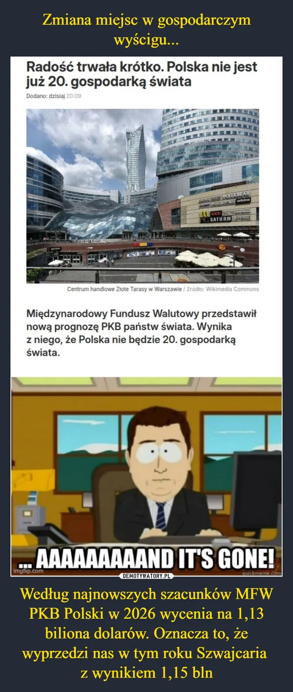 
    Zmiana miejsc w gospodarczym wyścigu... Według najnowszych szacunków MFW PKB Polski w 2026 wycenia na 1,13 biliona dolarów. Oznacza to, że wyprzedzi nas w tym roku Szwajcaria z wynikiem 1,15 bln