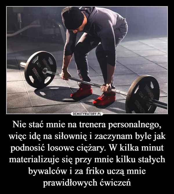 
    Nie stać mnie na trenera personalnego, więc idę na siłownię i zaczynam byle jak podnosić losowe ciężary. W kilka minut materializuje się przy mnie kilku stałych bywalców i za friko uczą mnie prawidłowych ćwiczeń