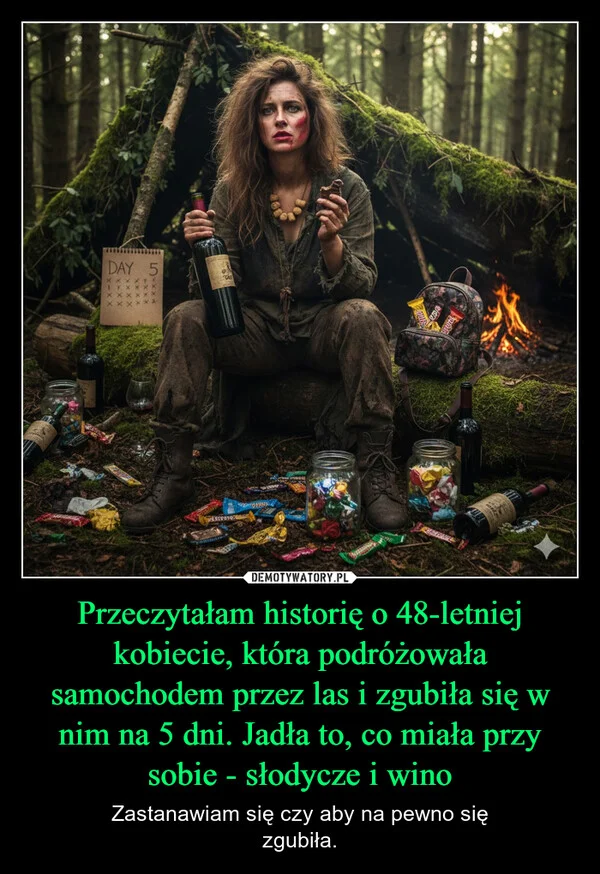 
    Przeczytałam historię o 48-letniej kobiecie, która podróżowała samochodem przez las i zgubiła się w nim na 5 dni. Jadła to, co miała przy sobie - słodycze i wino