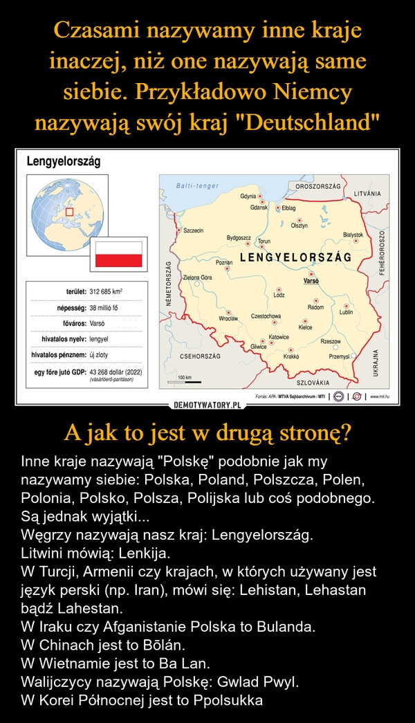 
    Czasami nazywamy inne kraje inaczej, niż one nazywają same siebie. Przykładowo Niemcy nazywają swój kraj "Deutschland" A jak to jest w drugą stronę?